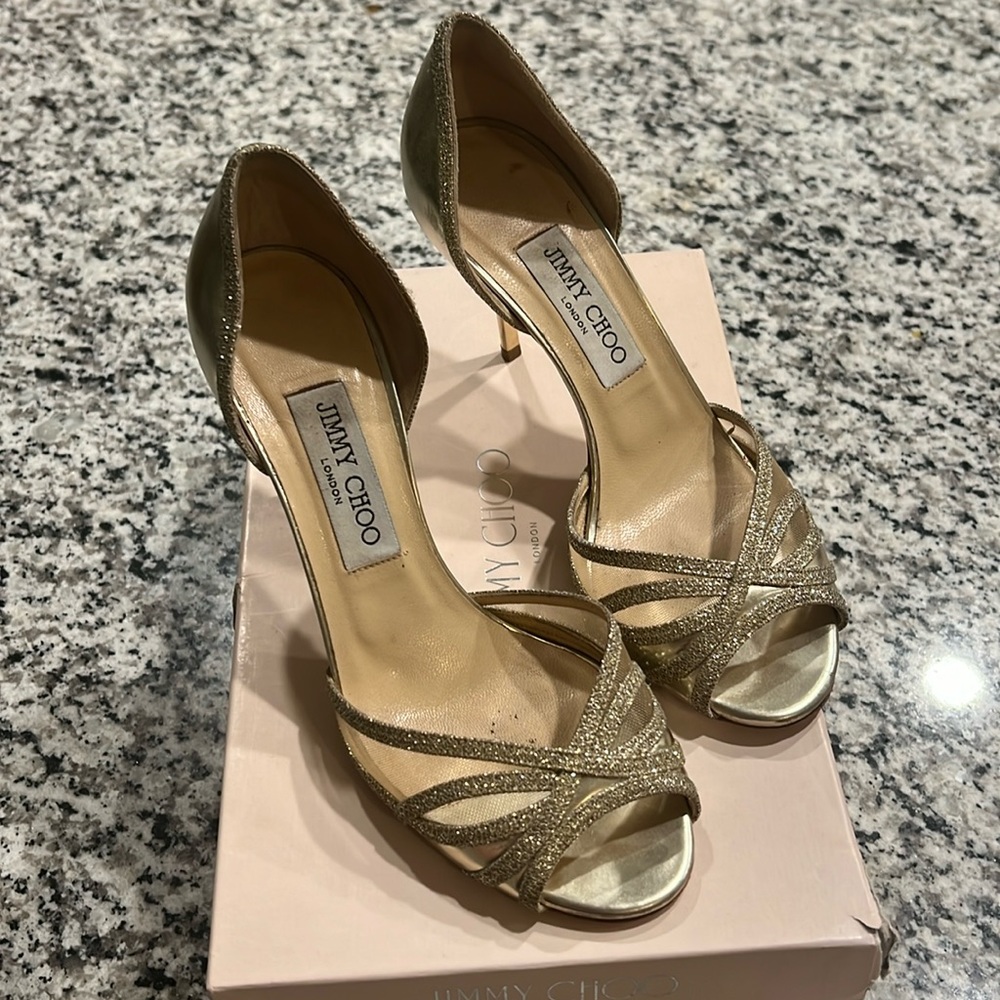 Jimmy Choo “Mulan” Glitter Trim Open Toe Heel